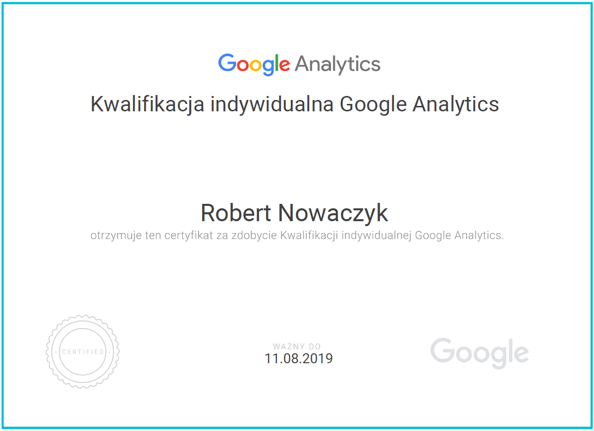 Certyfikat Google Analytics - Robert Nowaczyk